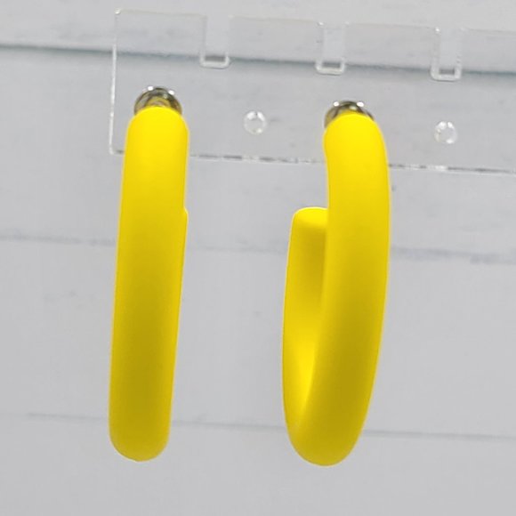 1.5" Semi Oblong Yellow Matte Texture Half Hoop Earrings - Picture 6 of 10